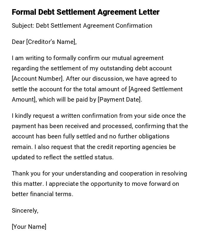 Formal Debt Settlement Agreement Letter Formal Debt Settlement Agreement Letter