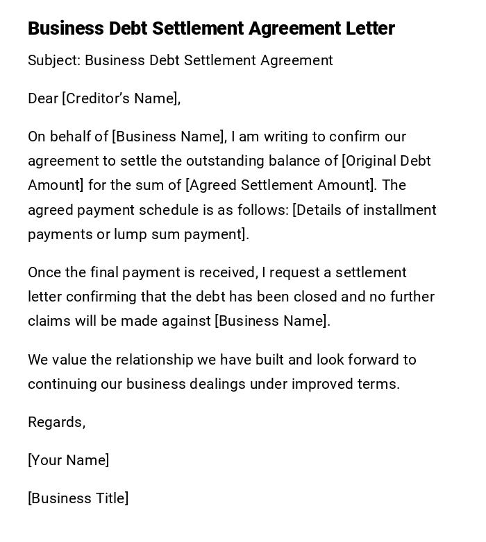 Business Debt Settlement Agreement Letter Business Debt Settlement Agreement Letter