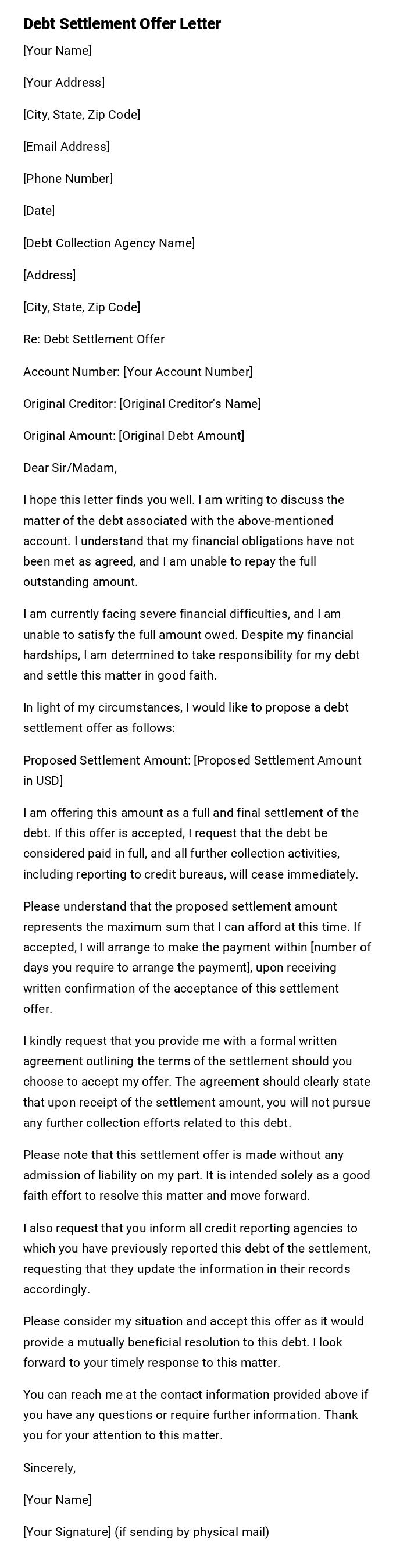 Debt Settlement Offer Letter Debt Settlement Offer Letter