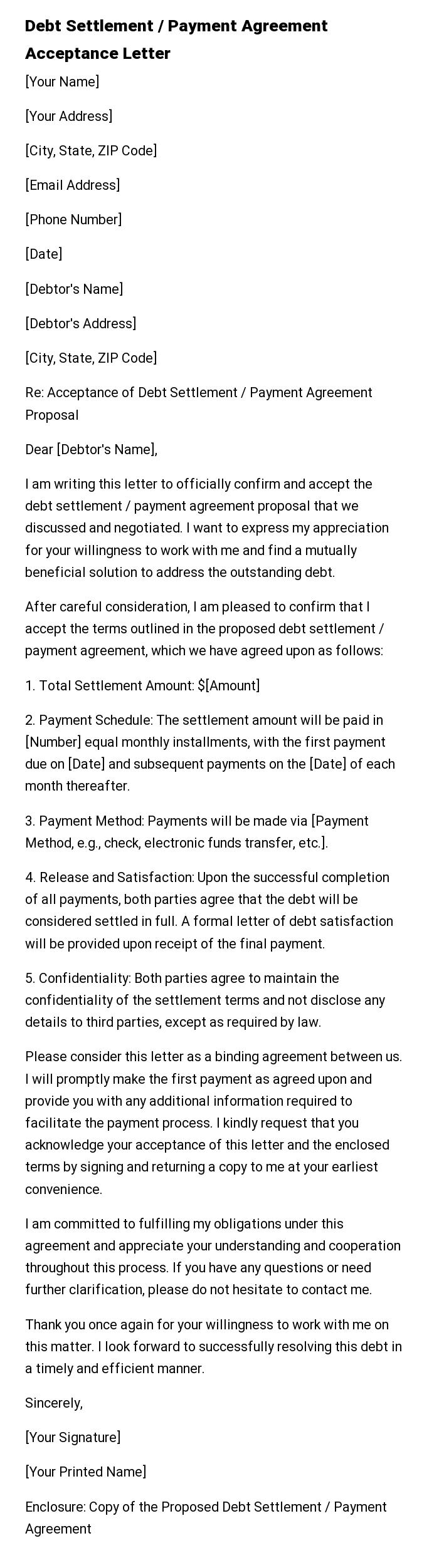 Debt Settlement / Payment Agreement Acceptance Letter
