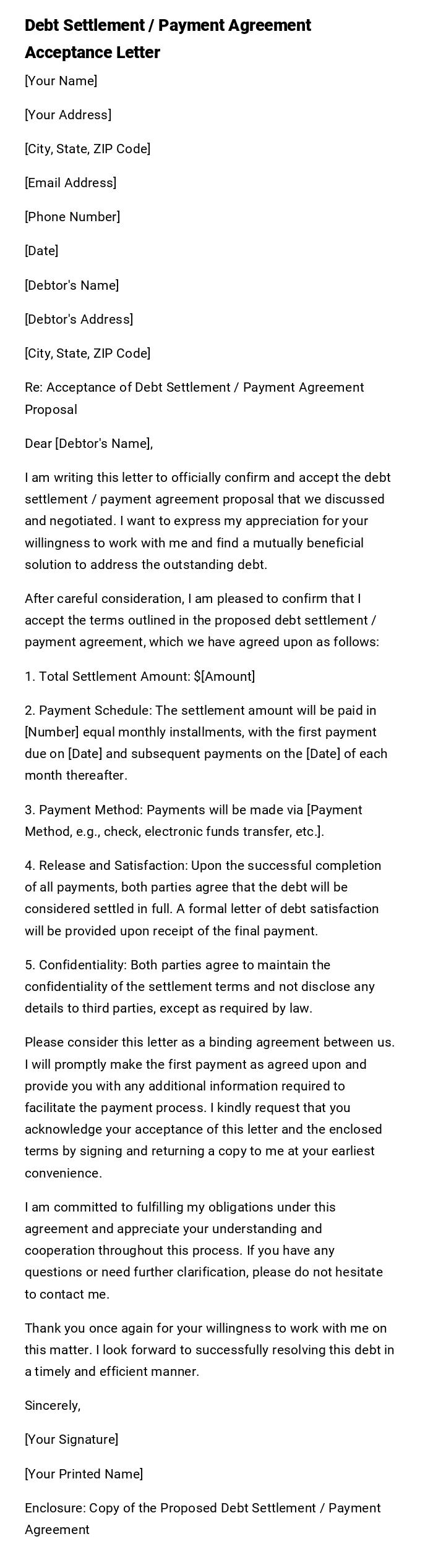 Debt Settlement / Payment Agreement Acceptance Letter