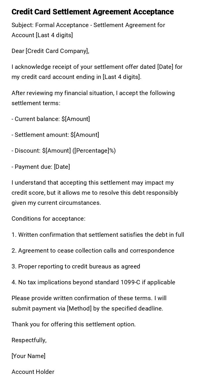 Credit Card Settlement Agreement Acceptance Credit Card Settlement Agreement Acceptance