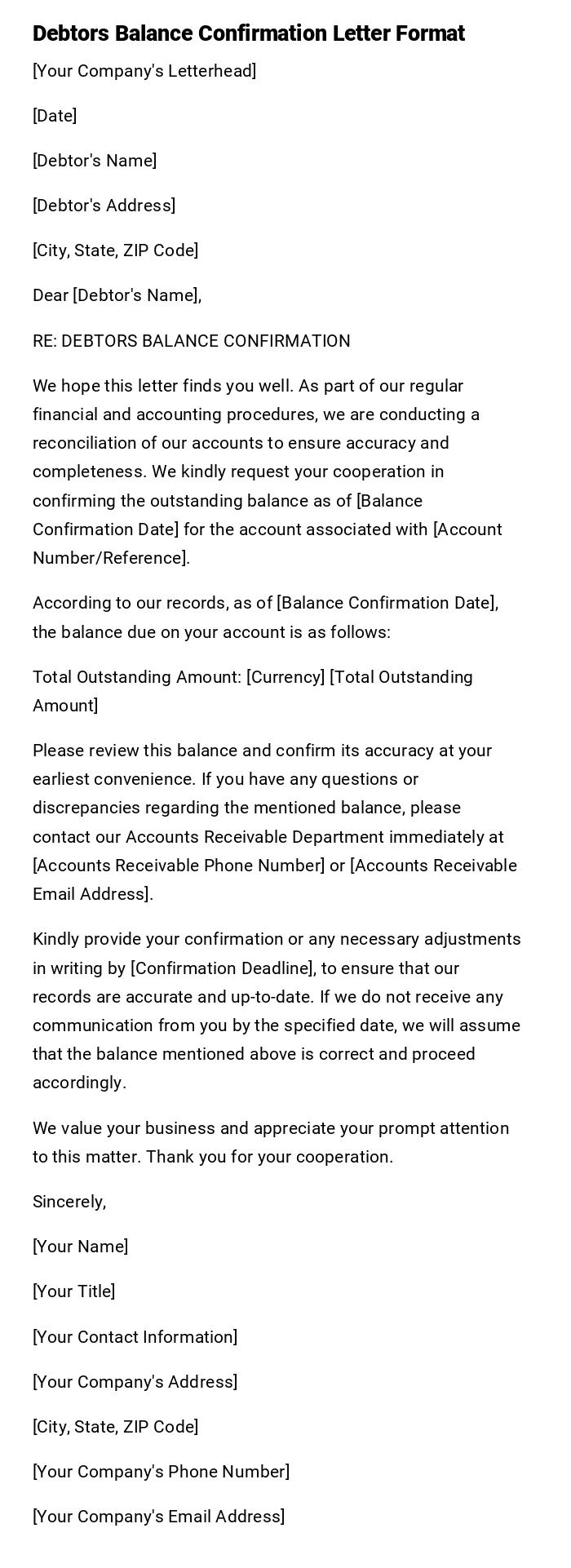 Debtors Balance Confirmation Letter Format