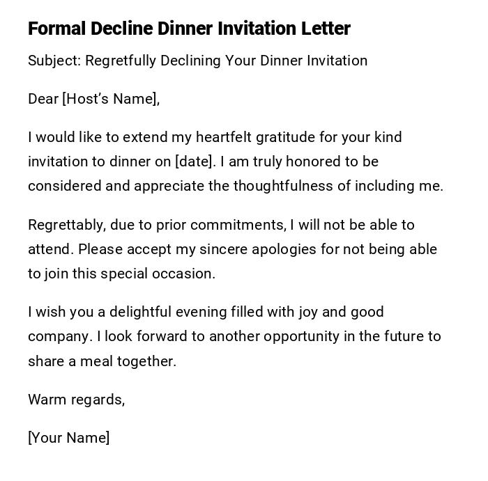 Formal Decline Dinner Invitation Letter Formal Decline Dinner Invitation Letter