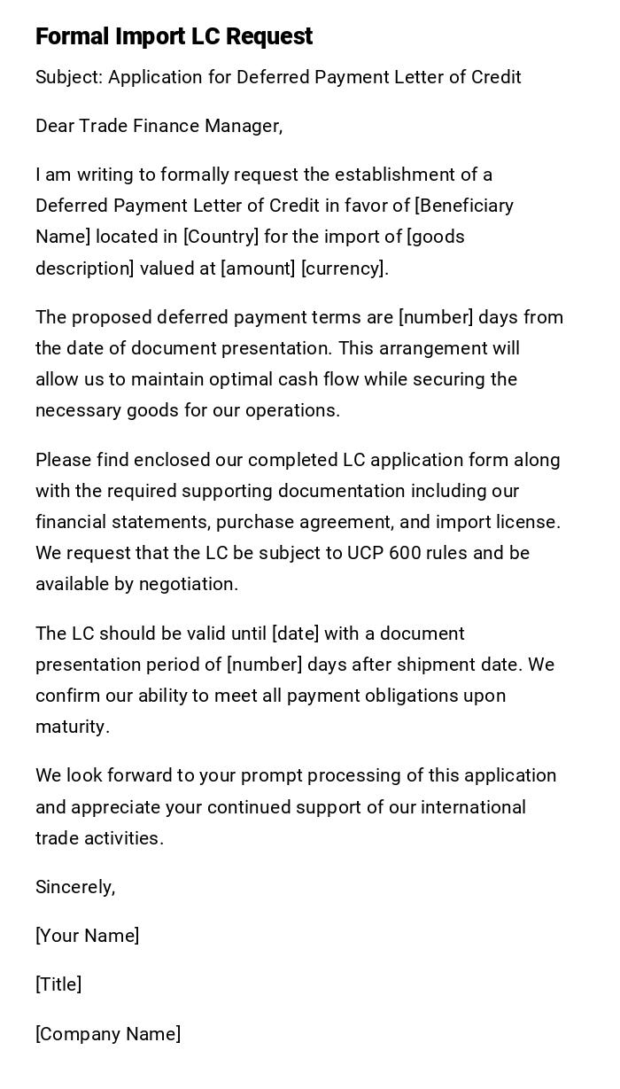 Formal Import LC Request Formal Import LC Request