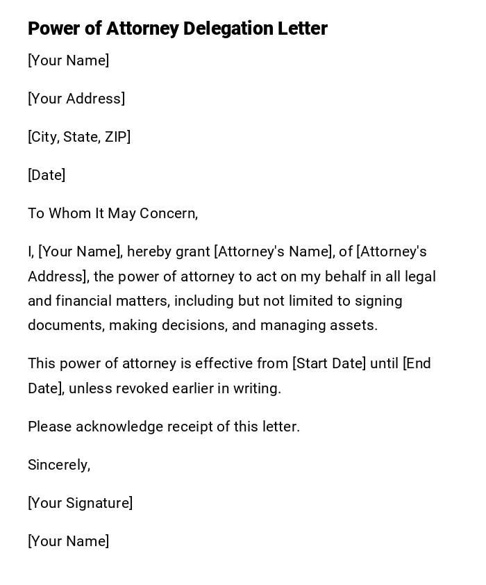 Power of Attorney Delegation Letter