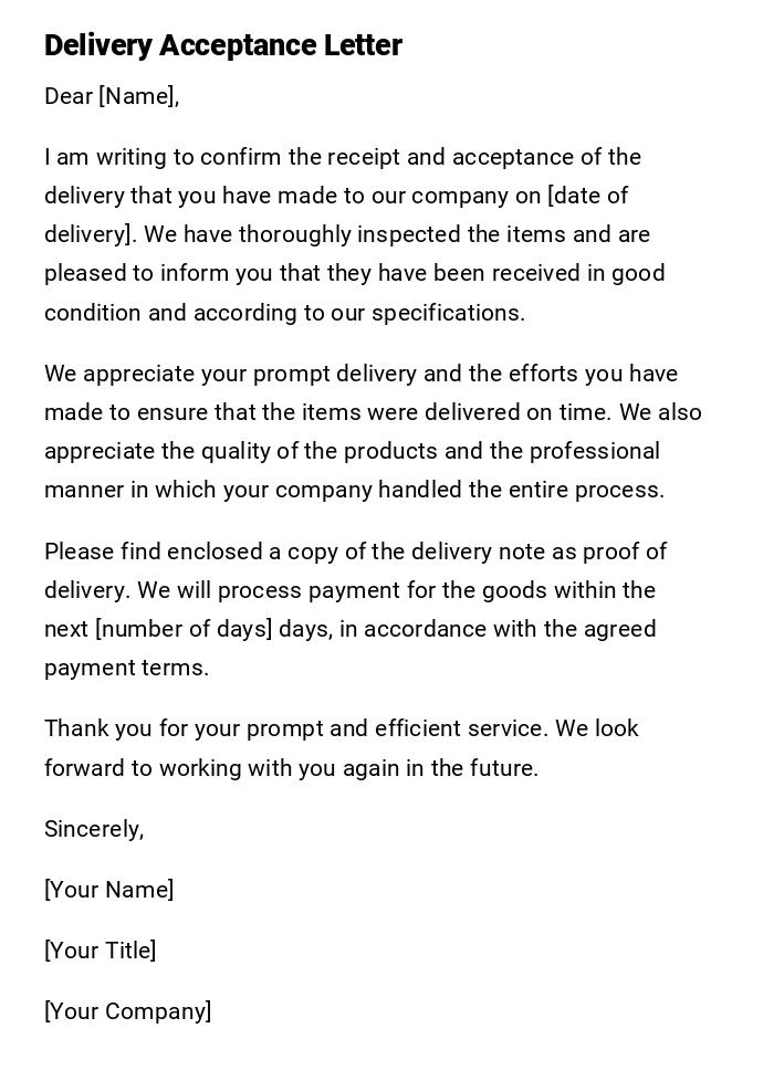 Delivery Acceptance Letter