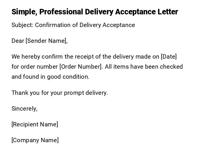 Simple, Professional Delivery Acceptance Letter Simple, Professional Delivery Acceptance Letter