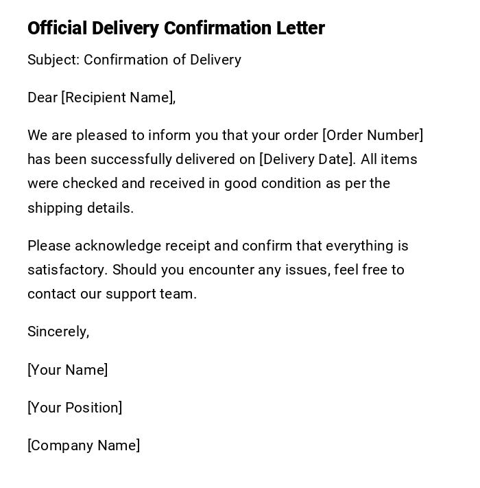 Official Delivery Confirmation Letter