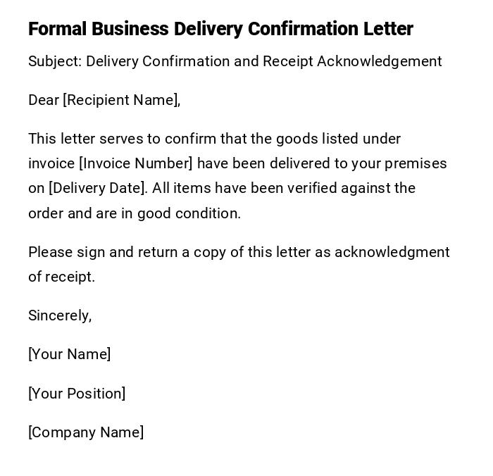 Formal Business Delivery Confirmation Letter