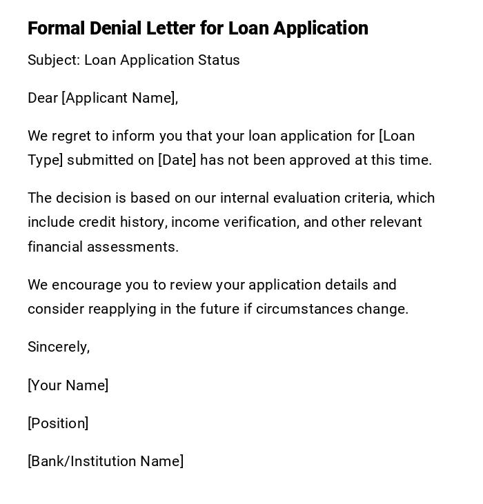 Formal Denial Letter for Loan Application