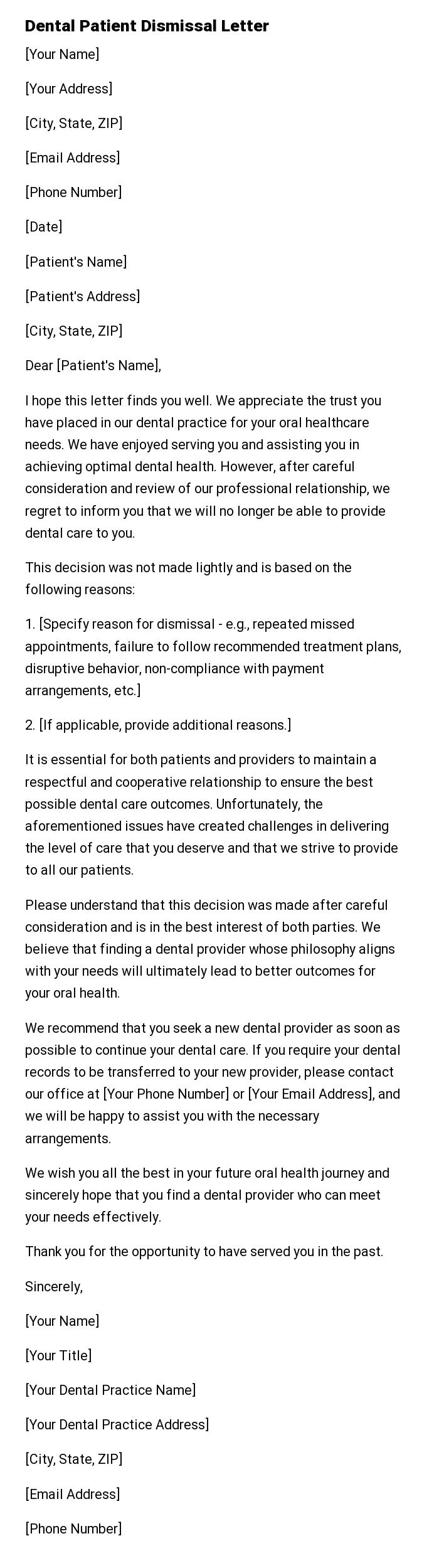 Dental Patient Dismissal Letter