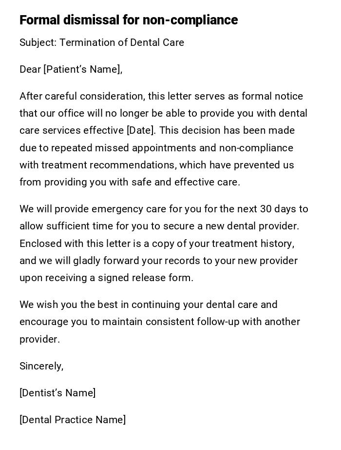 Formal dismissal for non-compliance Formal dismissal for non-compliance