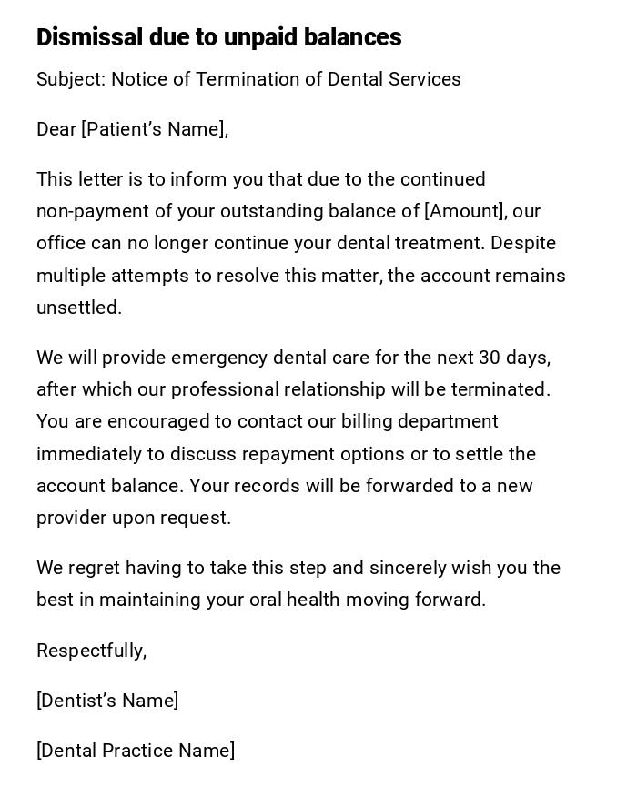 Dismissal due to unpaid balances Dismissal due to unpaid balances