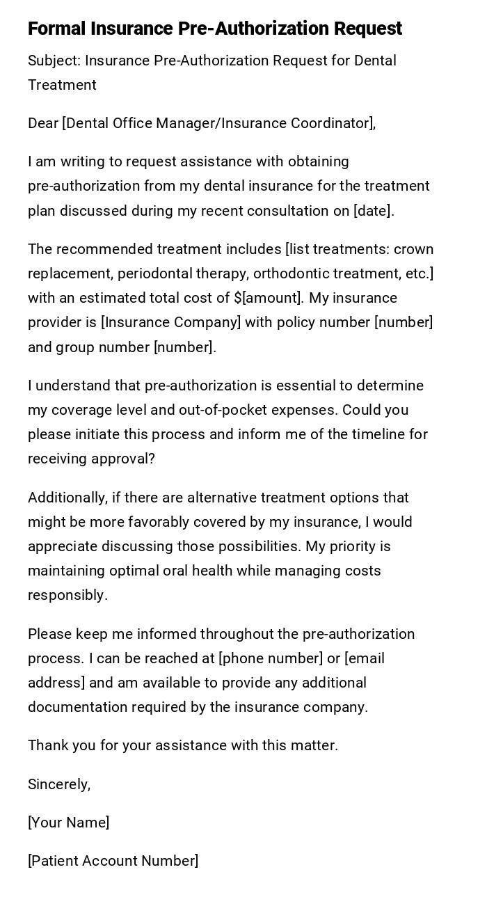 Formal Insurance Pre-Authorization Request Formal Insurance Pre-Authorization Request