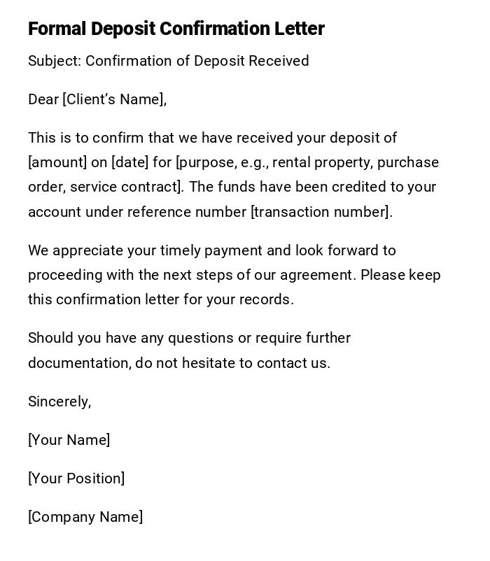 Formal Deposit Confirmation Letter