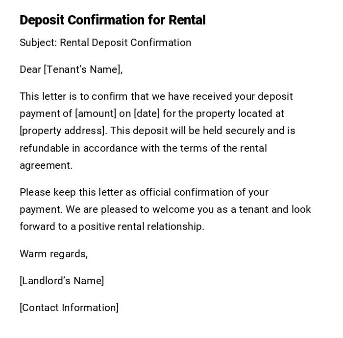 Deposit Confirmation for Rental