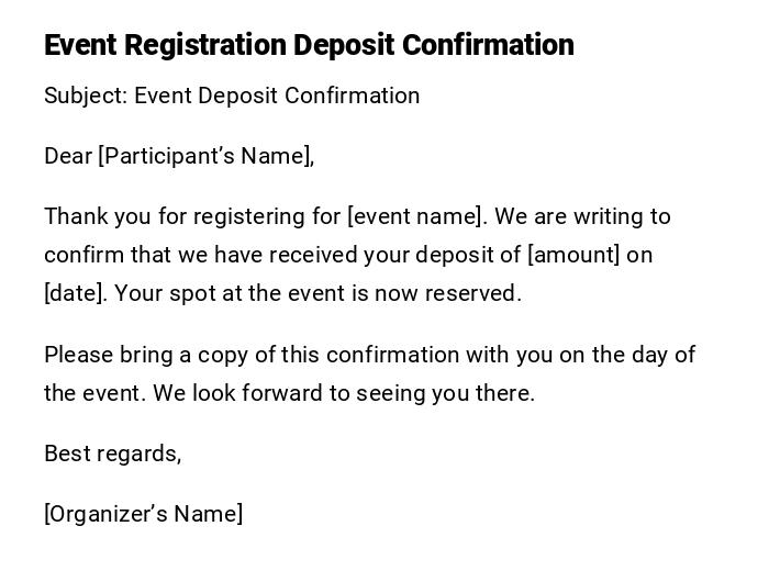 Event Registration Deposit Confirmation
