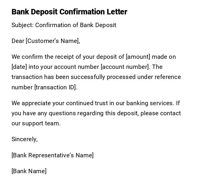 Bank Deposit Confirmation Letter