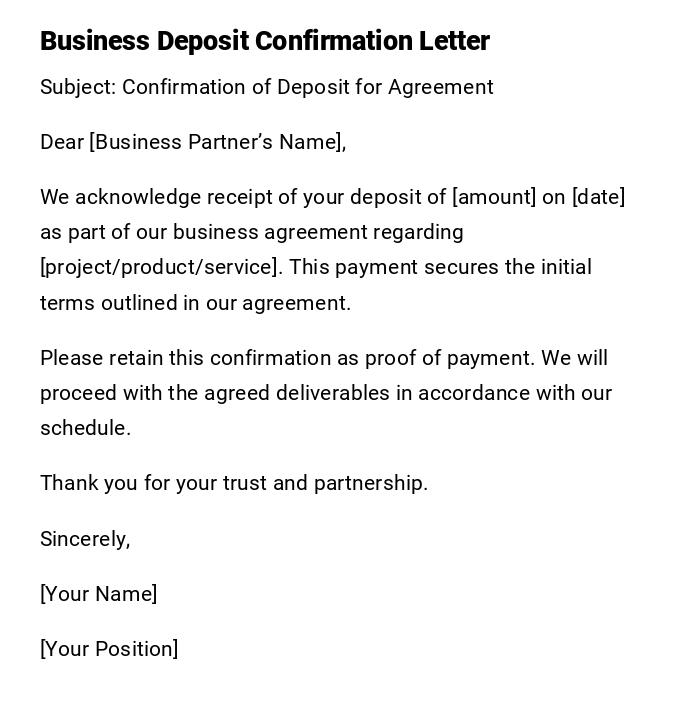 Business Deposit Confirmation Letter