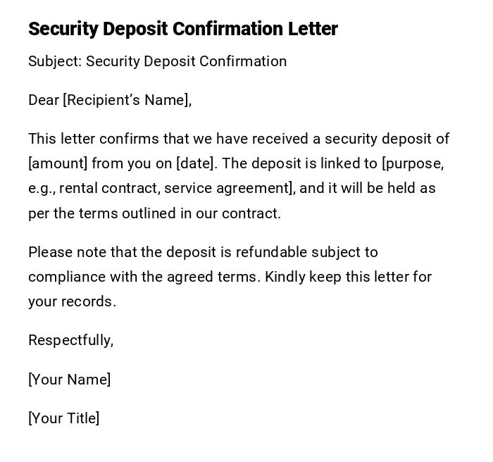 Security Deposit Confirmation Letter
