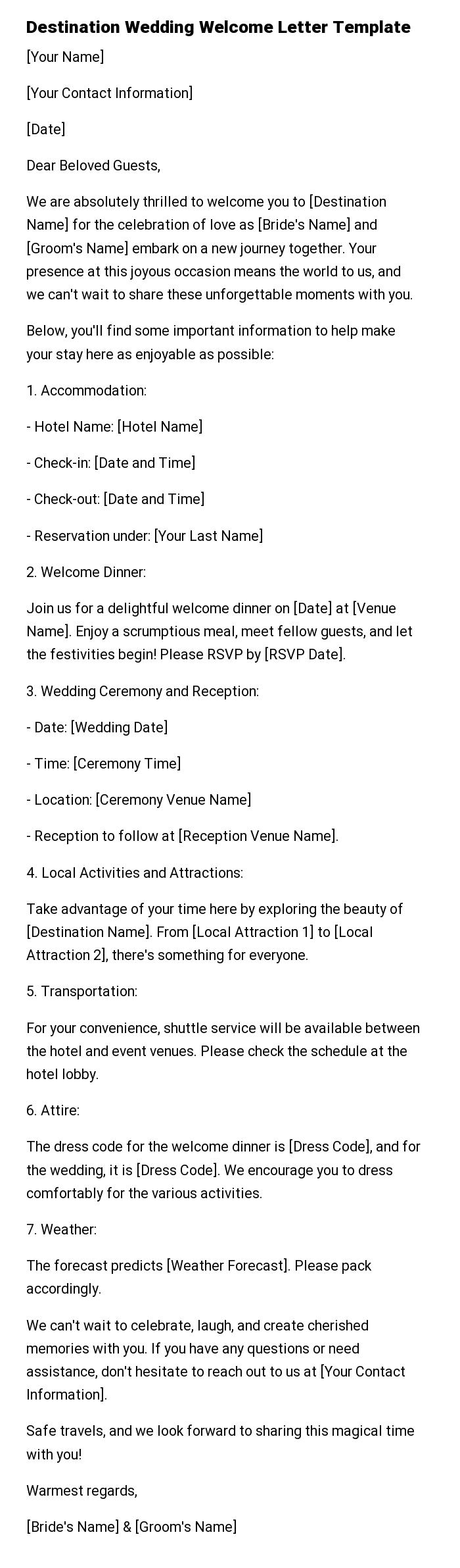 Destination Wedding Welcome Letter Template