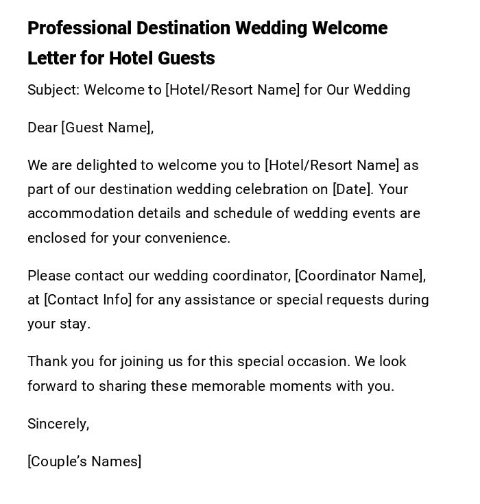 Professional Destination Wedding Welcome Letter for Hotel Guests Professional Destination Wedding Welcome Letter for Hotel Guests