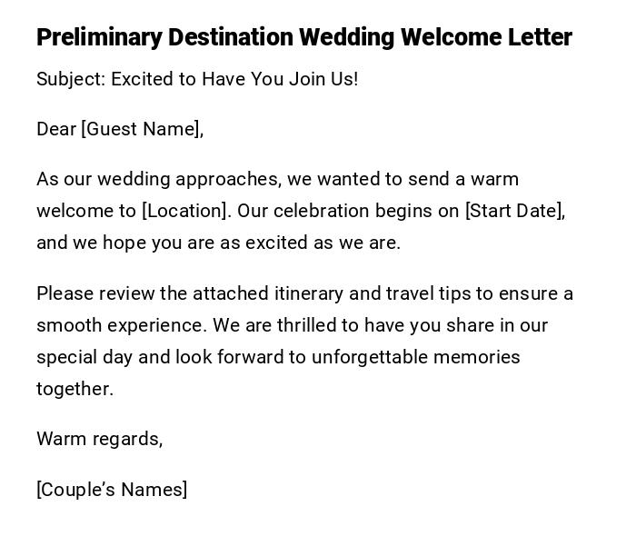 Preliminary Destination Wedding Welcome Letter Preliminary Destination Wedding Welcome Letter