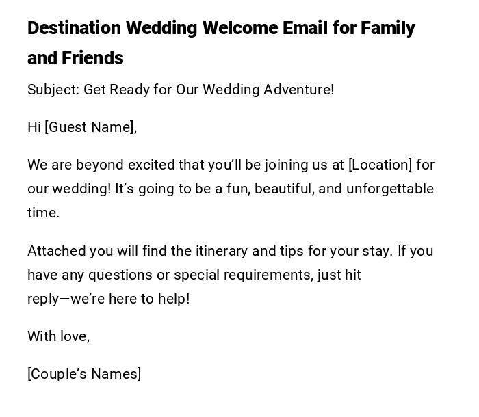 Destination Wedding Welcome Email for Family and Friends Destination Wedding Welcome Email for Family and Friends