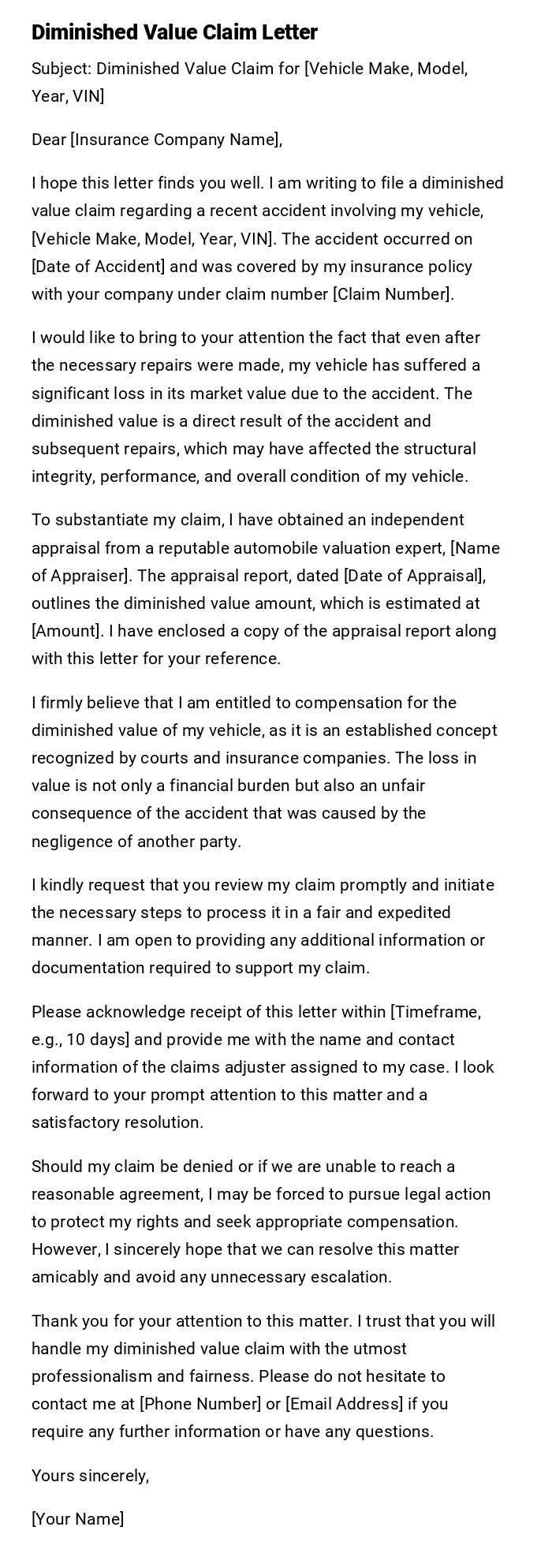 Diminished Value Claim Letter