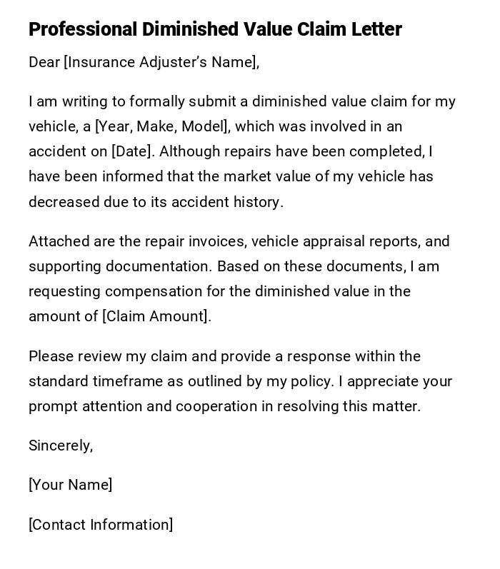 Professional Diminished Value Claim Letter Professional Diminished Value Claim Letter