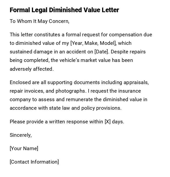 Formal Legal Diminished Value Letter Formal Legal Diminished Value Letter