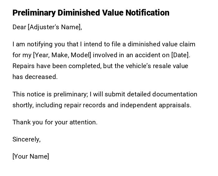 Preliminary Diminished Value Notification Preliminary Diminished Value Notification