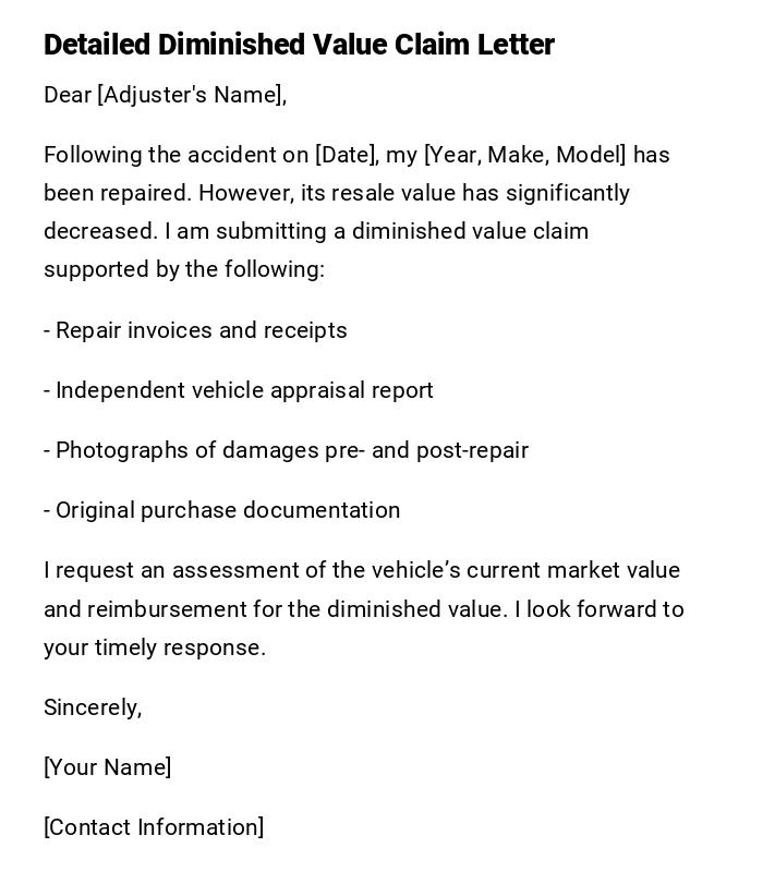Detailed Diminished Value Claim Letter Detailed Diminished Value Claim Letter