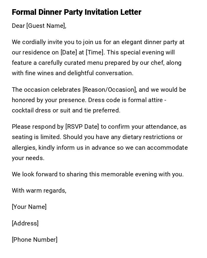 Formal Dinner Party Invitation Letter Formal Dinner Party Invitation Letter