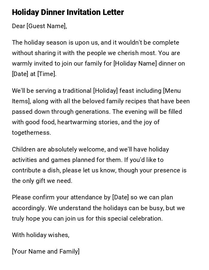 Holiday Dinner Invitation Letter Holiday Dinner Invitation Letter