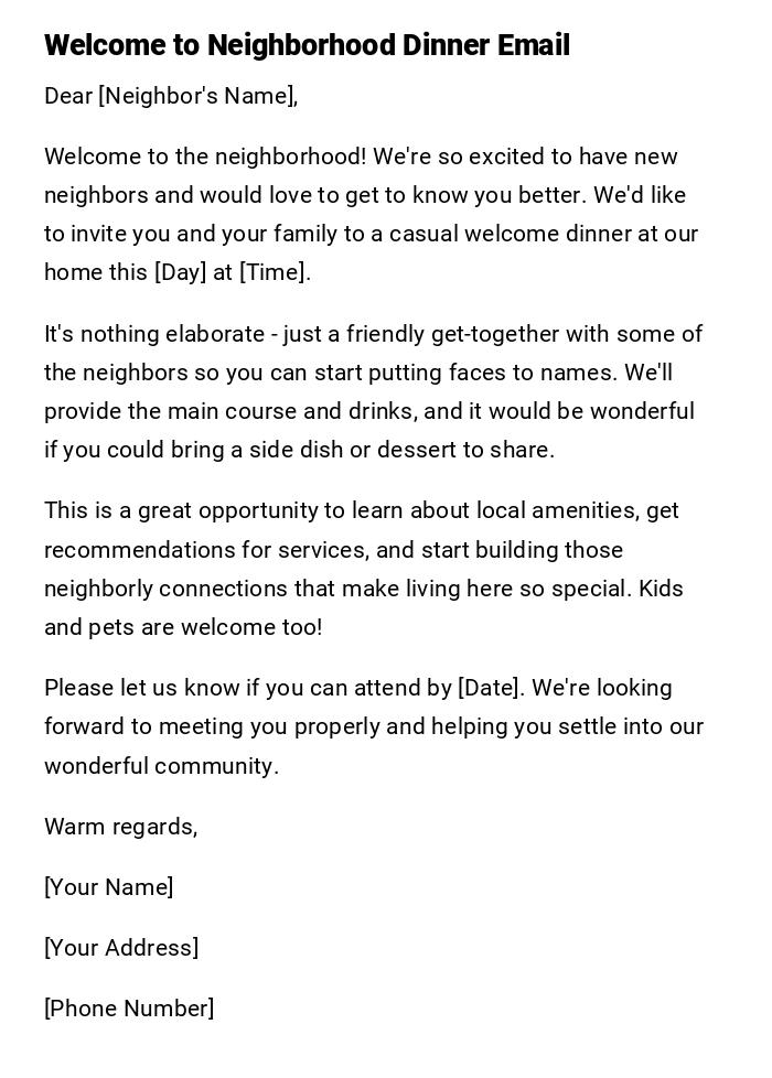 Welcome to Neighborhood Dinner Email Welcome to Neighborhood Dinner Email