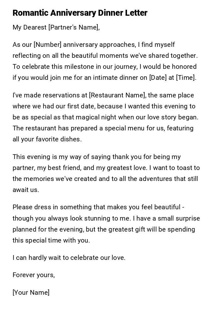 Romantic Anniversary Dinner Letter Romantic Anniversary Dinner Letter