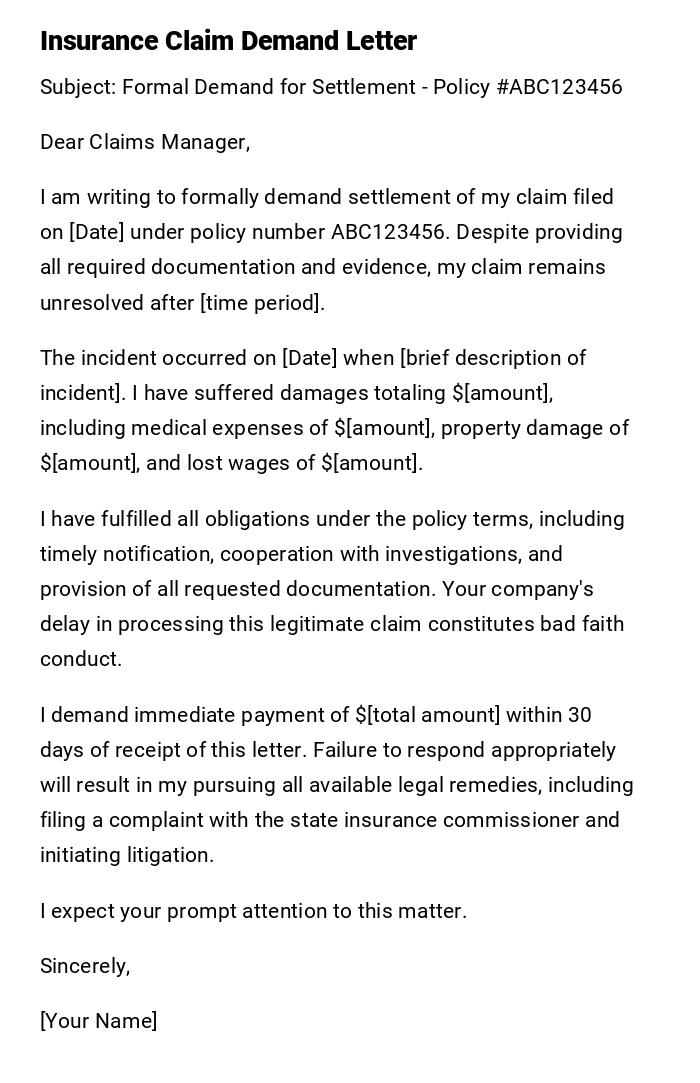 Insurance Claim Demand Letter Insurance Claim Demand Letter