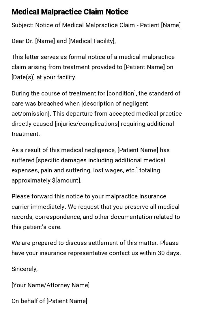 Medical Malpractice Claim Notice Medical Malpractice Claim Notice