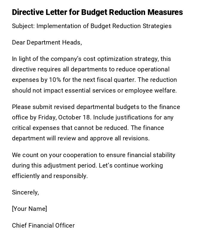 Directive Letter for Budget Reduction Measures Directive Letter for Budget Reduction Measures