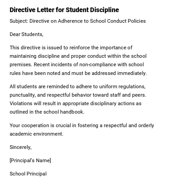 Directive Letter for Student Discipline Directive Letter for Student Discipline