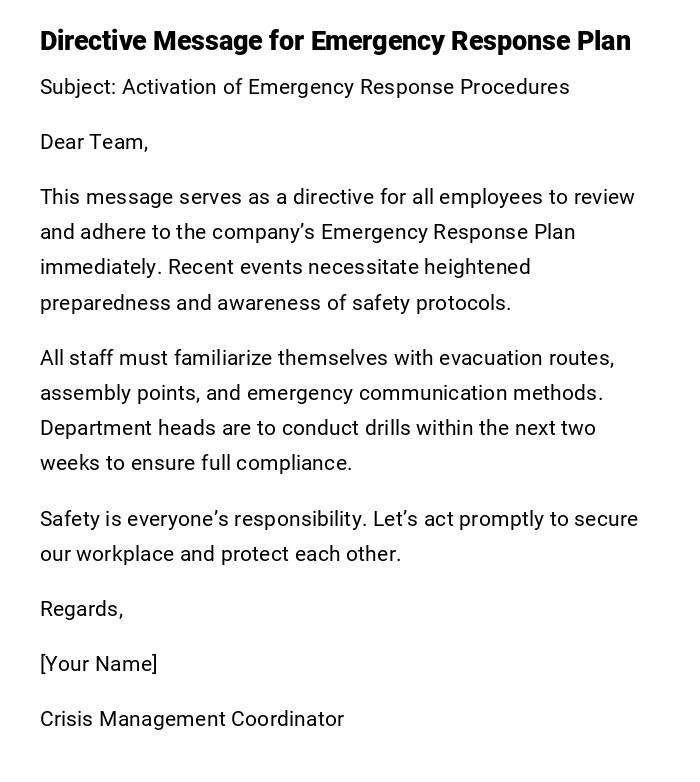 Directive Message for Emergency Response Plan Directive Message for Emergency Response Plan