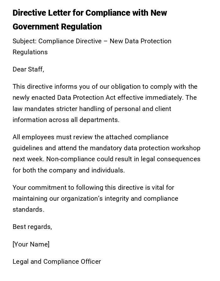 Directive Letter for Compliance with New Government Regulation Directive Letter for Compliance with New Government Regulation