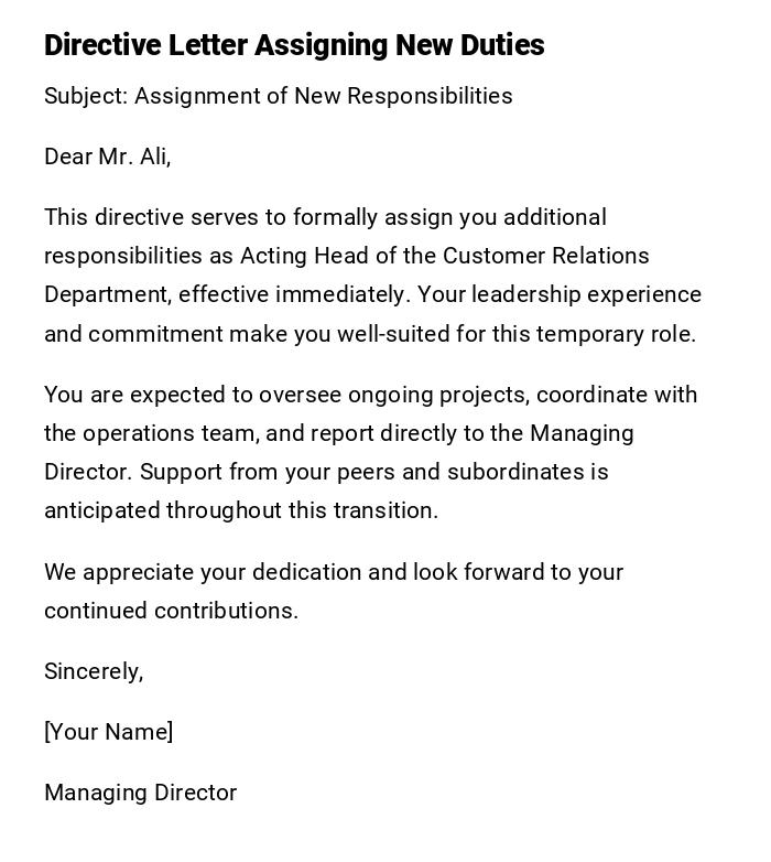 Directive Letter Assigning New Duties Directive Letter Assigning New Duties
