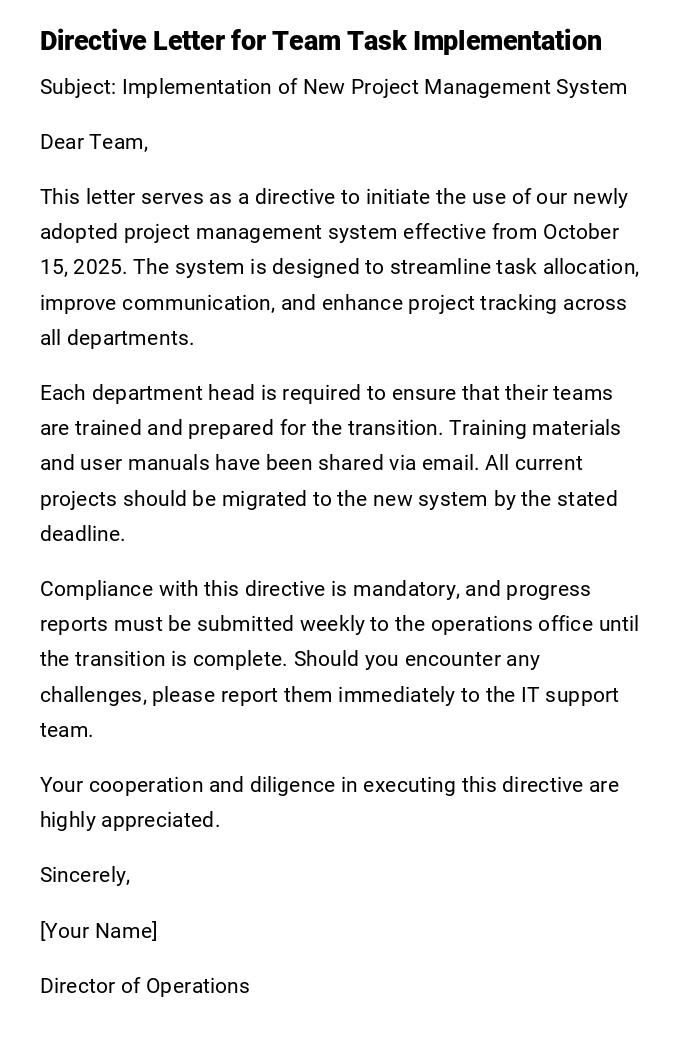 Directive Letter for Team Task Implementation Directive Letter for Team Task Implementation