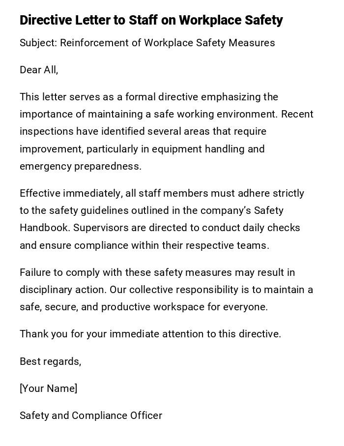 Directive Letter to Staff on Workplace Safety Directive Letter to Staff on Workplace Safety