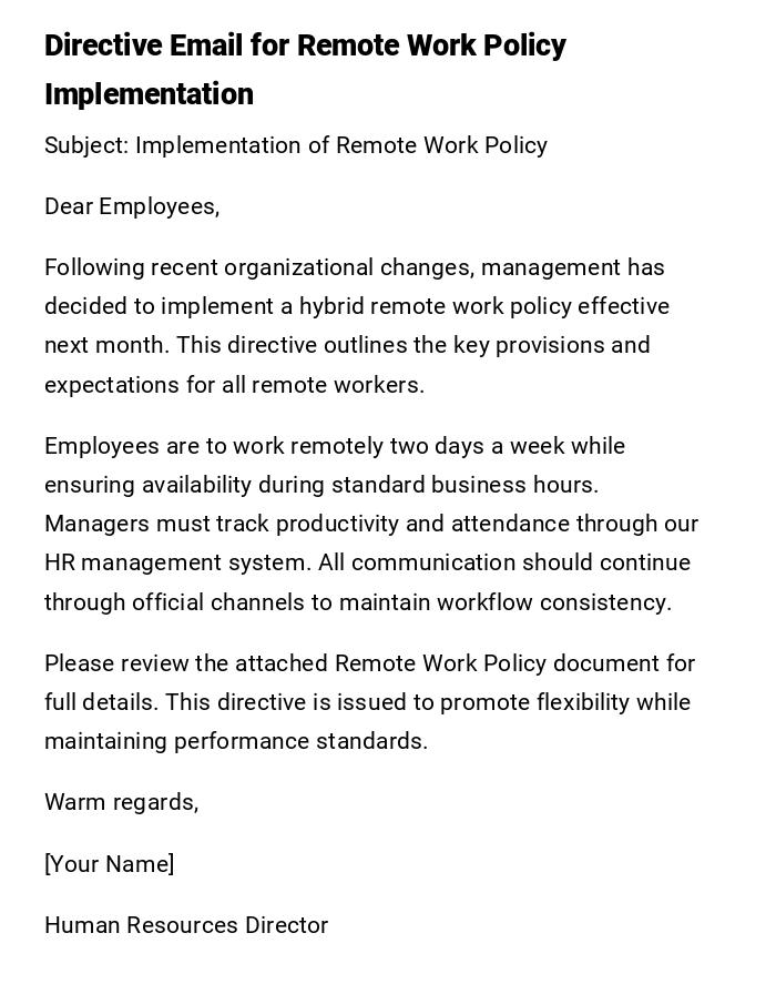 Directive Email for Remote Work Policy Implementation Directive Email for Remote Work Policy Implementation