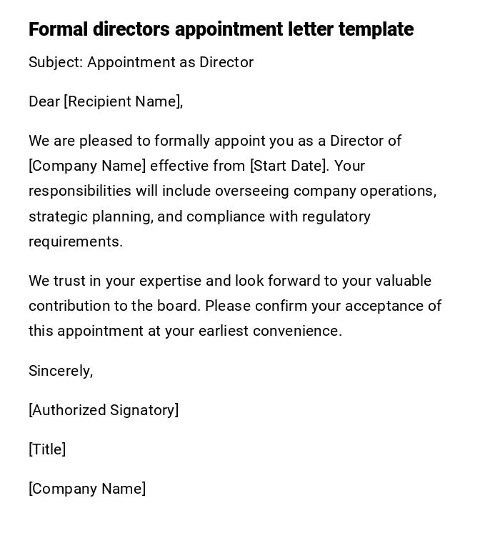 Formal directors appointment letter template Formal directors appointment letter template