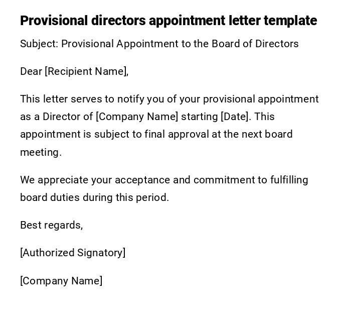 Provisional directors appointment letter template Provisional directors appointment letter template